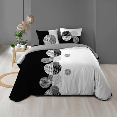 Housse de couette 2 personnes + 2 taies 100% coton 57fils Noir et blanc DECORATIE
