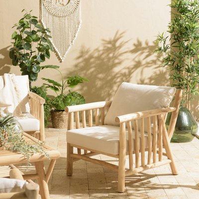 Fauteuil rondins de teck naturel et coussins blancs MANAK PIER IMPORT