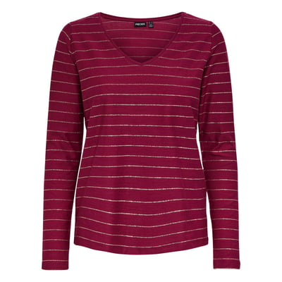 T-shirt col V Pcmilona en coton mélangé framboise à rayures dorées PIECES