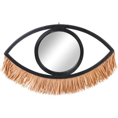 Miroir mural oeil en rotin noir et raphia 40x31cm WADIGA
