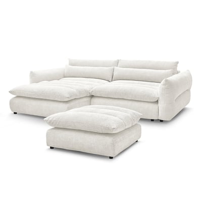 Canapé d'angle fixe 3 places en tissu texturé avec pouf, NEIL BOBOCHIC