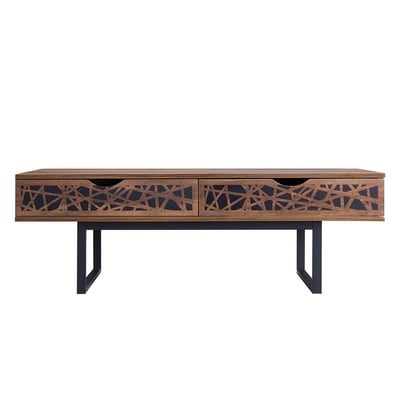 Table basse 2 tiroirs décor bois et motifs noirs L120 cm - Anaëlle CALICOSY
