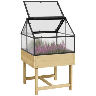 Mini serre sur pied double toit ouvrable acier sapin autoclave polycarbonate OUTSUNNY