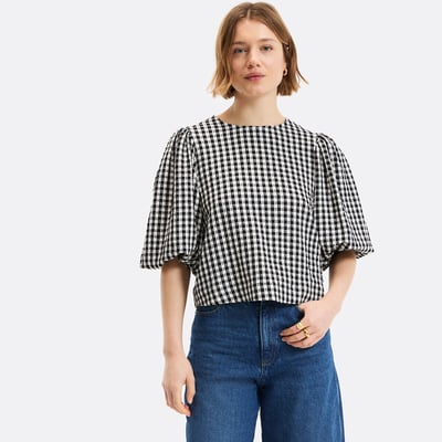 Checked short puff sleeve crew neck blouse LA REDOUTE COLLECTIONS