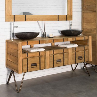 Meuble en mindi naturel et acier rectangle double vasque 190 LOFT WANDA COLLECTION