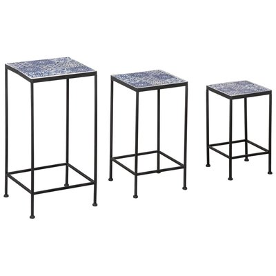 Lot de 3 étagères à fleurs métal carreaux céramique bleu OUTSUNNY