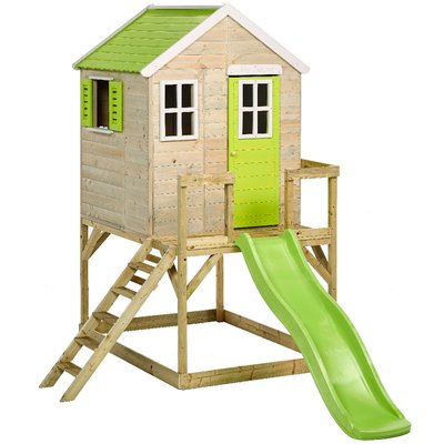 Maison de jardin enfant extérieur avec plateforme, toboggan et double balançoire - Toit étanche - Vert et Blanc KANGUI