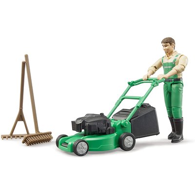 bworld Jardinier avec tondeuse à gazon et outils de jardinage BRUDER
