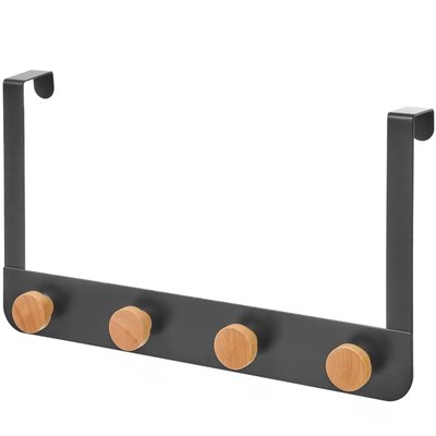 Portemanteau de porte 4 crochets en métal noir et bois 35x8x20cm WADIGA