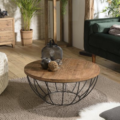 Table basse ronde contemporaine bois recyclé teck structure filaire métal noir 80cm SWING PIER IMPORT