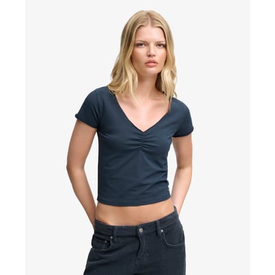T-shirt Crop Col V Froncé Coupe Ajustée SUPERDRY