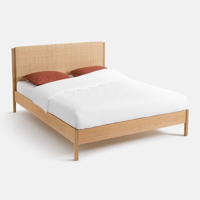 Bed met lattenbodem, eikenhout, eikenfineer en gevlochten rotan, ORA LA REDOUTE INTERIEURS