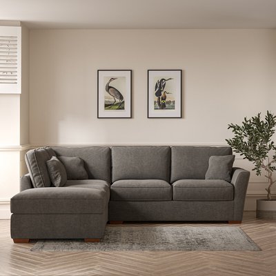 Florence Soft Brushed Corner Sofa & Modular Footstool Set with Dark Brown Wood Legs (Left Facing) SO'HOME
