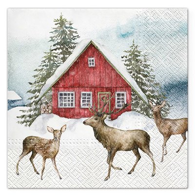 Lot de 20 serviettes en papier Rennes et maison dans la neige DOUCEUR D'INTÉRIEUR
