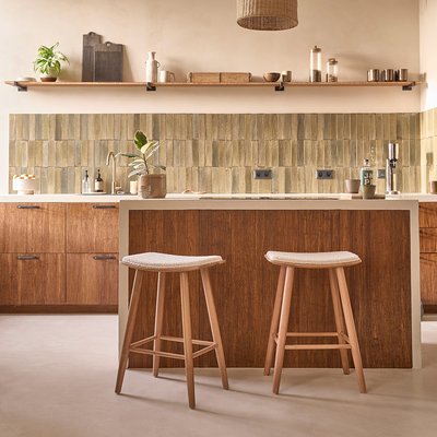 Lot de 2 tabourets en teck massif assise bouclette 65 cm  AMBRE BERAH GETAH