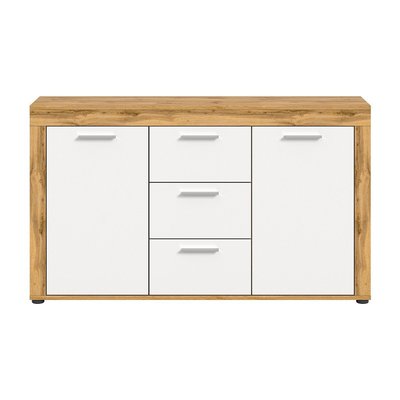 Buffet 2 portes et 3 tiroirs blanc et chêne wotan L125 cm - AOSTA CALICOSY