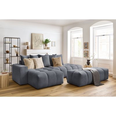 Canapé d'angle fixe 4 places en velours avec pouf, MONT-BLANC BOBOCHIC