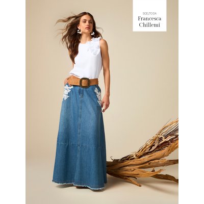 Jupe longue en denim avec broderies OLTRE