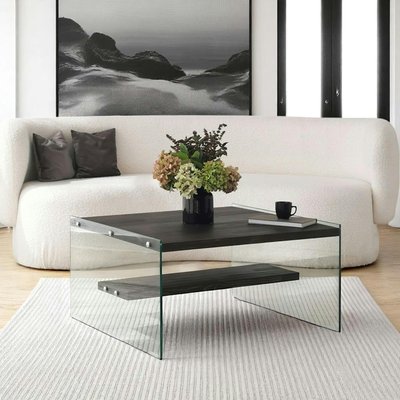 Table basse verre et bois - plateaux gris suspendus, LHASA PIER IMPORT
