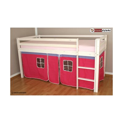 Lit Simple Blanc 90x200 en hauteur avec echelle et rideau fuchsia HOMESTYLE4U
