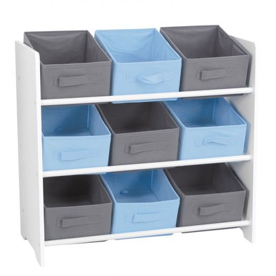 Étagère de Rangement Chambre Enfant Blanche avec 9 Paniers Bleus et Gris WADIGA