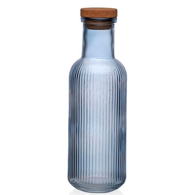 Carafe bouteille en verre strié bleu 1L 9x9x28cm VERSA
