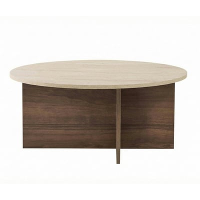 Table basse ronde décor travertin et noyer MARFA PIER IMPORT