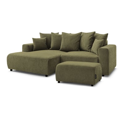Canapé d'angle convertible 5 places en tissu texturé avec pouf, ATILLA BOBOCHIC