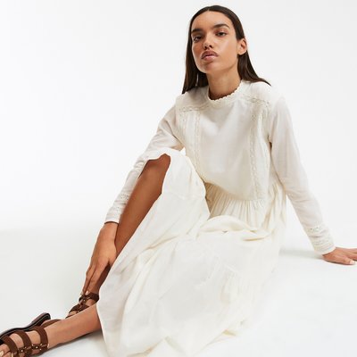 Vestido largo de voile de algodón bordado, de manga larga LA REDOUTE COLLECTIONS