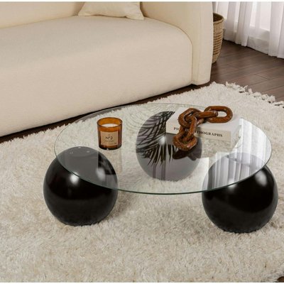 Table basse ronde en verre – 3 pieds boules noirs KOCHI PIER IMPORT