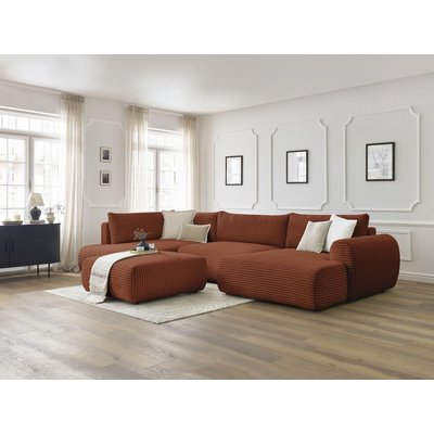 Canapé panoramique convertible 6 places en gros côtelé doux avec pouf, LUCIEN BOBOCHIC