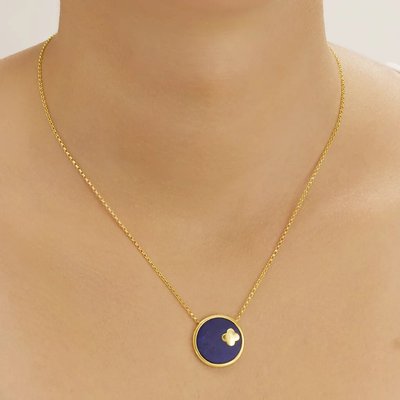 LÉGENDE Necklace with Round Pendant & Clover in Golden Silver & Lapis Lazuli CHARLES GARNIER