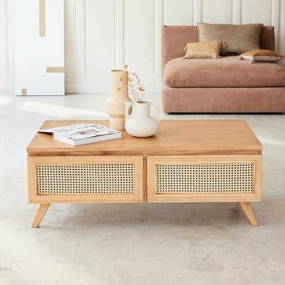 Table basse en bois massif et cannage 110 cm  ISÉE BERAH GETAH