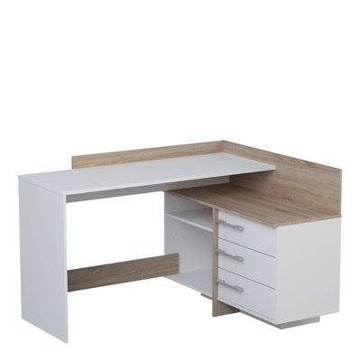Bureau d'Angle 3 Tiroirs décor Blanc et Bois L128,5 cm- Thalès CALICOSY