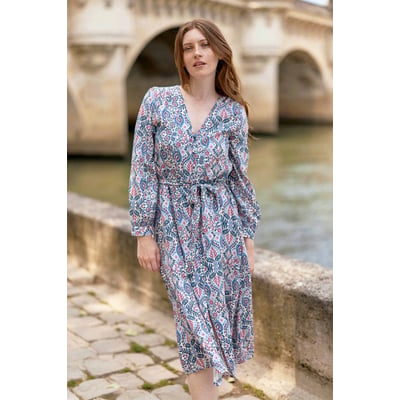 Robe Portefeuille Courte La Petite Étoile - Modèle Bridgette, Taille L, Viscose Bleue Géométrique - Neuf Avec étiquettes (valeur 89€)