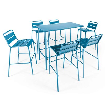 Salon de jardin table haute de jardin en métal et 6 tabourets, PALAVAS OVIALA