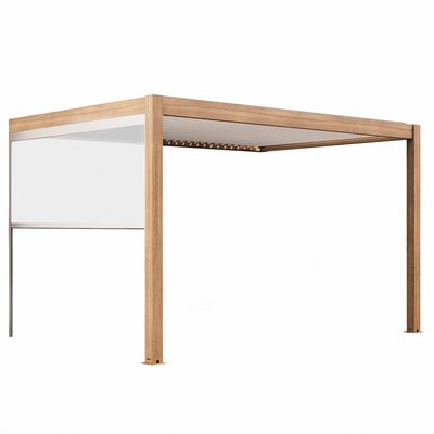 Pergola bioclimatique adossée 4x3m motorisée/éclairée effet bois toit blanc en aluminium avec 1, 2 ou 3 stores, THEBES OVIALA