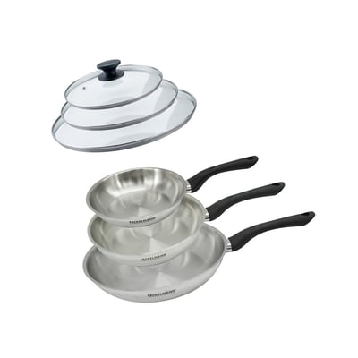 Set 3 poêles 20 24 et 28 cm en inox et 3 couvercles verre GENEVA FACKELMANN
