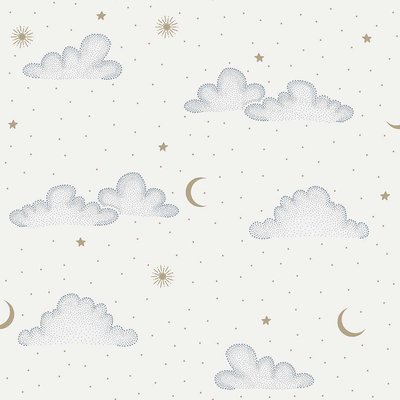 Papier peint nuages étoiles lune fond crème HEXOA