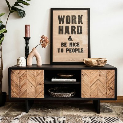 Meuble tv avec rangement en bois recyclé FSC motif chevron FAGA PIER IMPORT