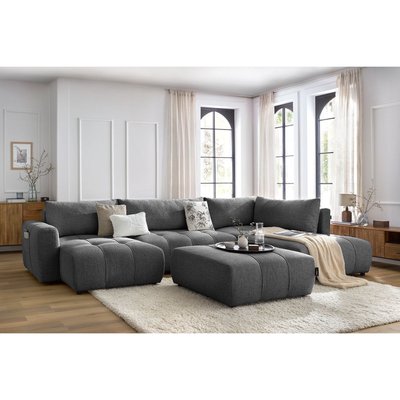 Canapé panoramique convertible 6 places en tissu chiné avec pouf, ARSENE BOBOCHIC