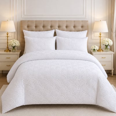 Parure de lit microfibre jacquard effet éventails blanc, TILA C DESIGN HOME TEXTILE