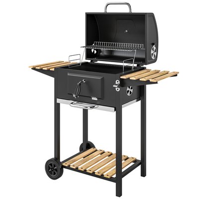 Barbecue charbon de bois avec couvercle 2 roues hauteur grille réglable acier noir bois OUTSUNNY