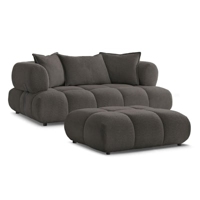 Canapé droit fixe 2 places en tissu bouclette avec pouf, ALYA BOBOCHIC
