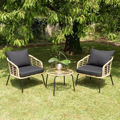 Salon de jardin détente 2 fauteuils 1 table basse rotin synthétique et coussins GIJON PIER IMPORT