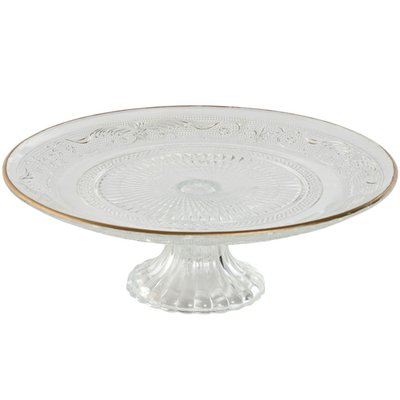 Présentoir à gâteau ou tarte sur pied en verre et liseré doré 23x23x8cm WADIGA