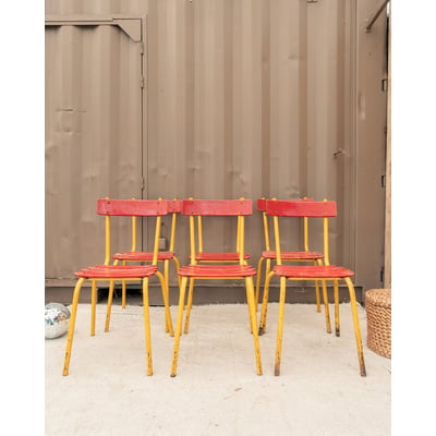 Lot de 6 chaises en métal rouge et jaune Alma N°2020 - Bon état DEBONGOUT