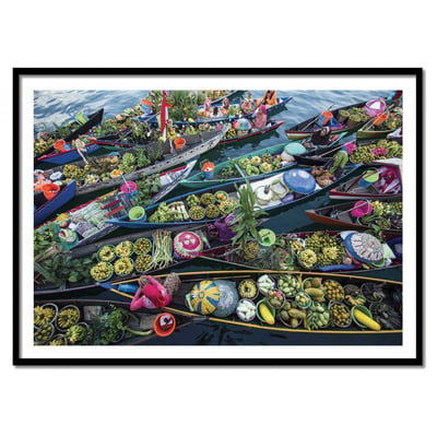 Affiche d’art et cadre noir 30 x 40 cm - Market boats WALL EDITIONS
