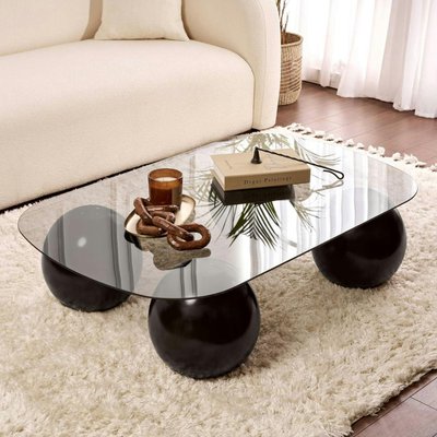 Table basse verre gris bords arrondis - 4 pieds noirs KOCHI PIER IMPORT