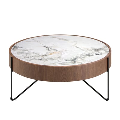 Table basse ronde en marbre porcelaine, noyer et acier noir ANGEL CERDA
